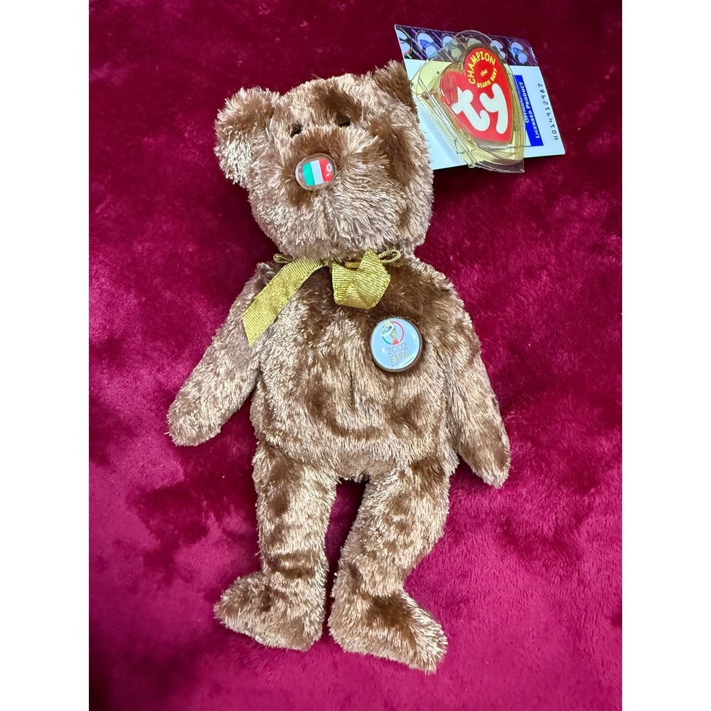 Ty Beanie Baby Champion 2002 FIFA World Cup Italy Bear Small Brown New Tagged